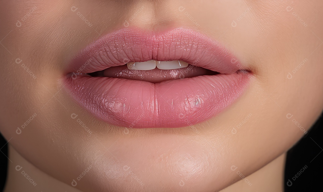 Linda boca feminina em close com batom vermelho, maquiagem profissional