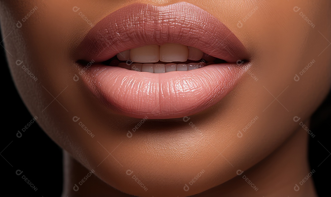 Linda boca feminina em close com batom em cores suaves e elegantes, maquiagem profissional