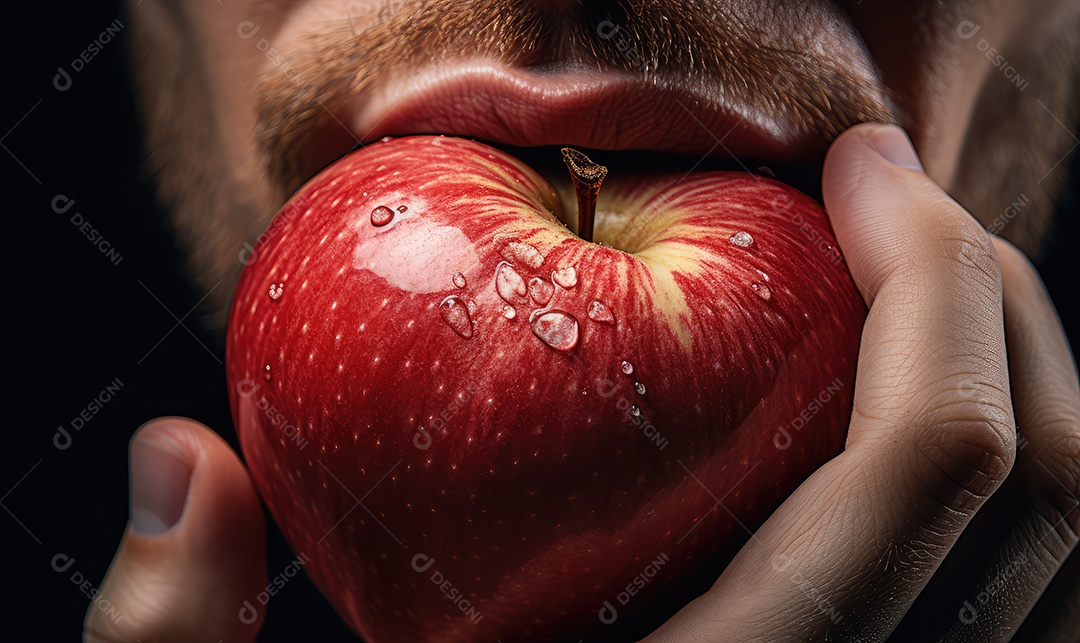 Boca masculina perfeita de perto comendo uma maçã deliciosa, maquiagem profissional