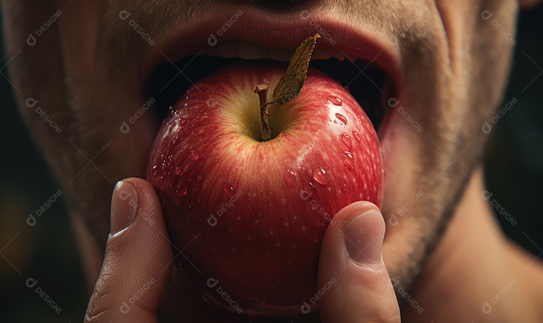 Boca masculina perfeita de perto comendo uma maçã deliciosa, maquiagem profissional