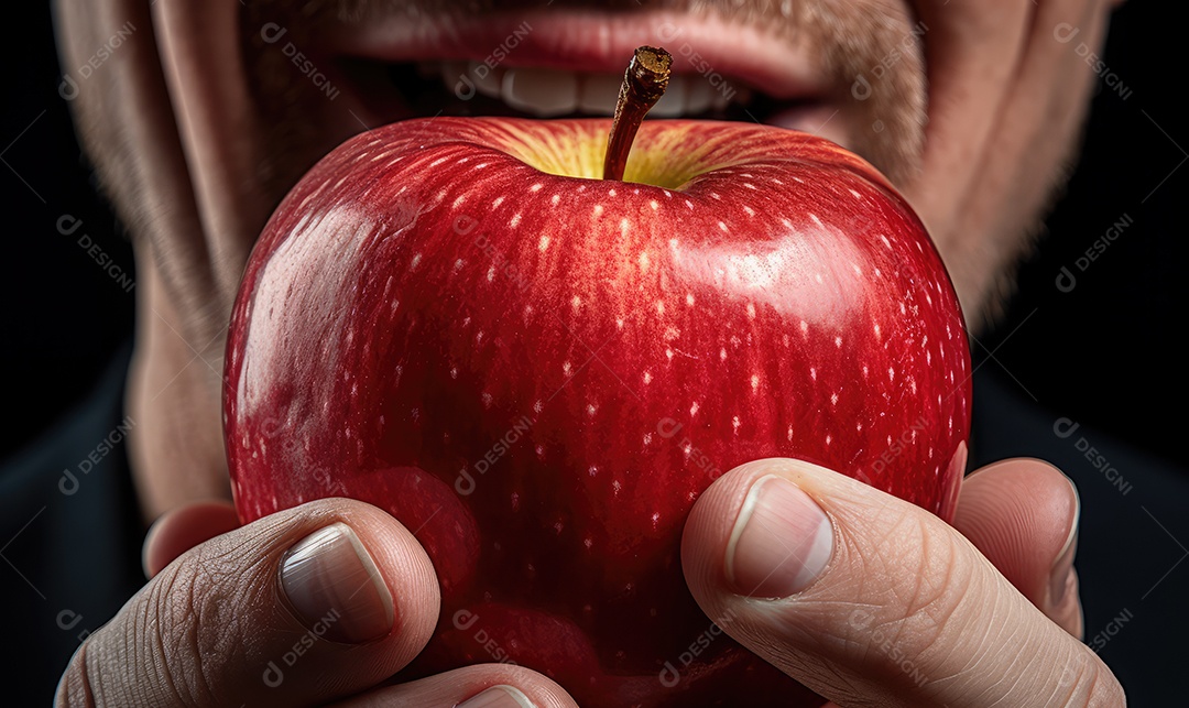 Boca masculina perfeita de perto comendo uma maçã deliciosa, maquiagem profissional