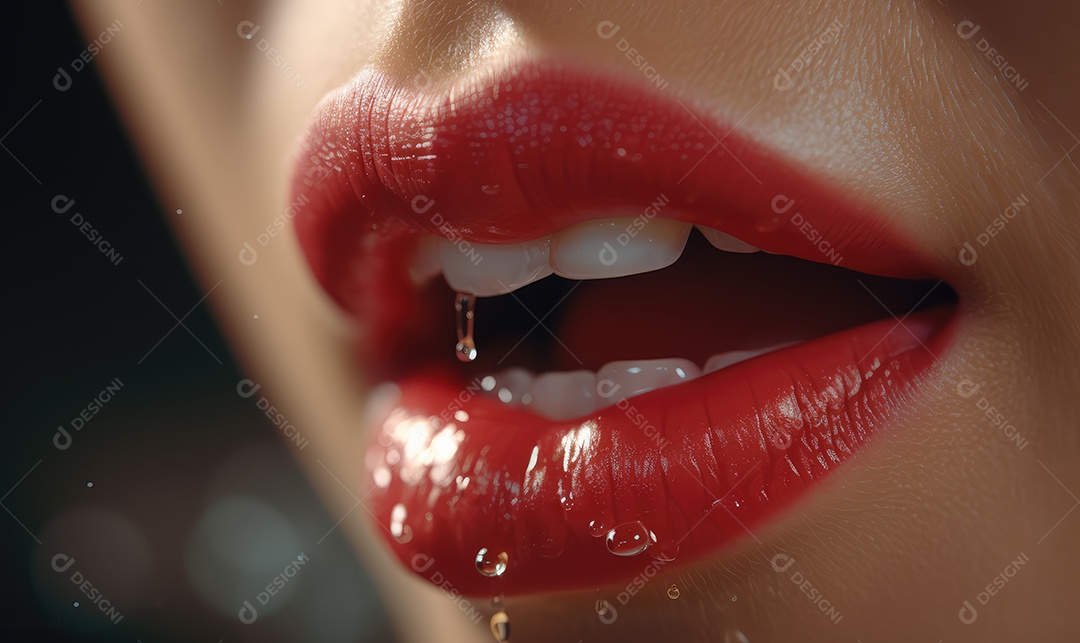 Linda boca feminina em close com batom vermelho, maquiagem profissional