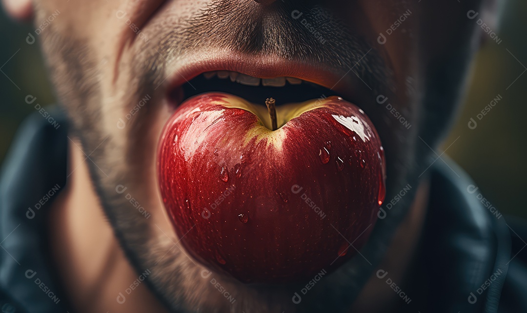 Boca masculina perfeita de perto comendo uma maçã deliciosa, maquiagem profissional