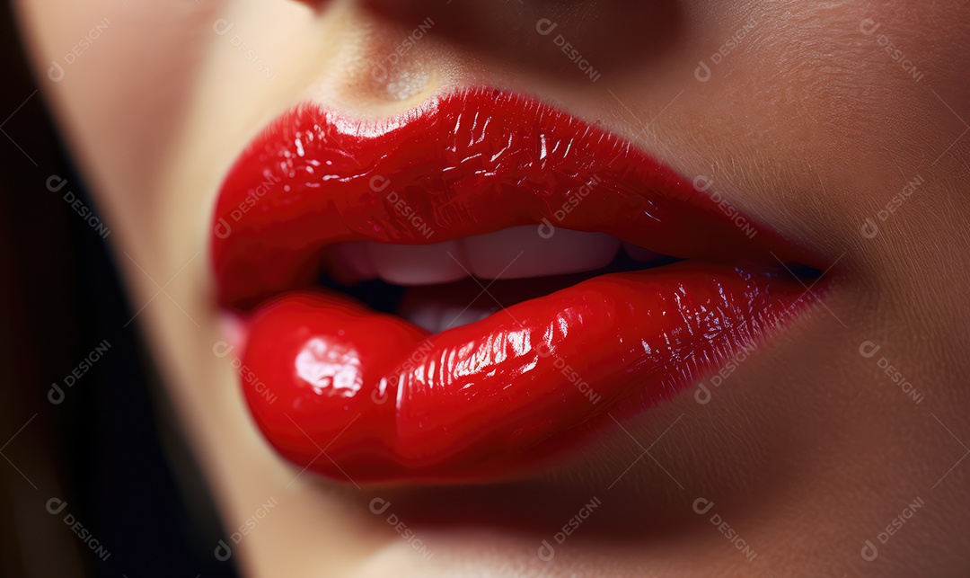 Linda boca feminina em close com batom vermelho, maquiagem profissional