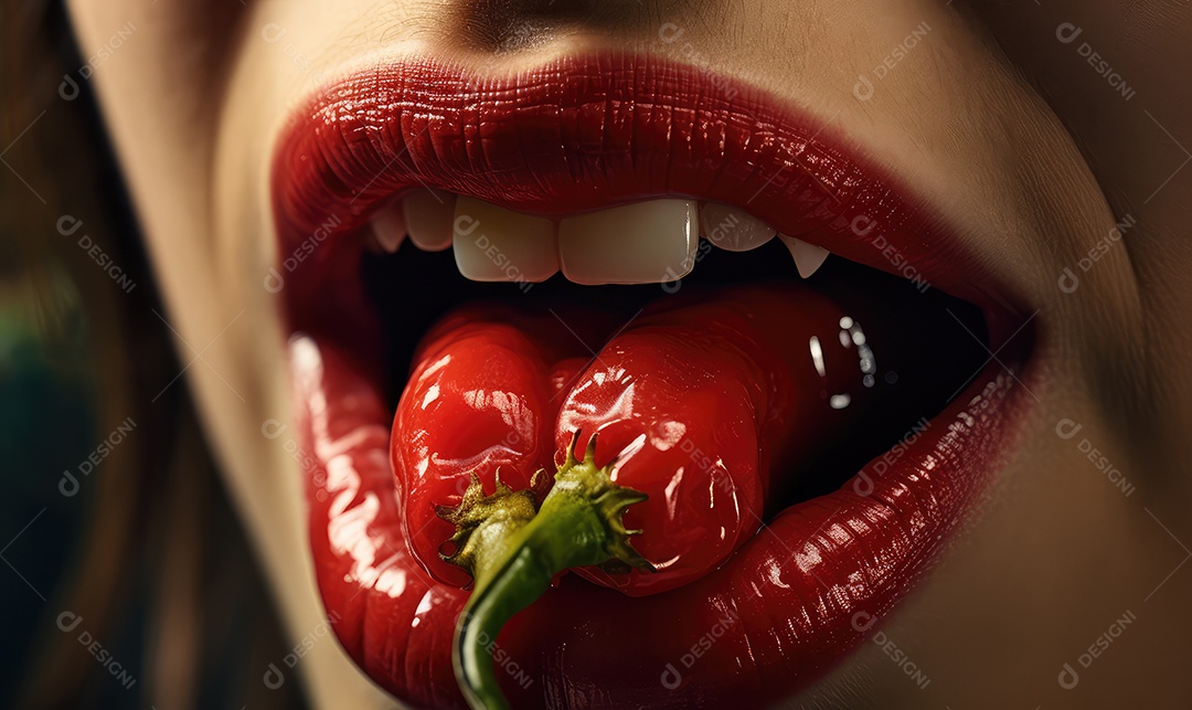 Linda boca feminina em close com batom vermelho comendo pimenta vermelha, maquiagem profissional