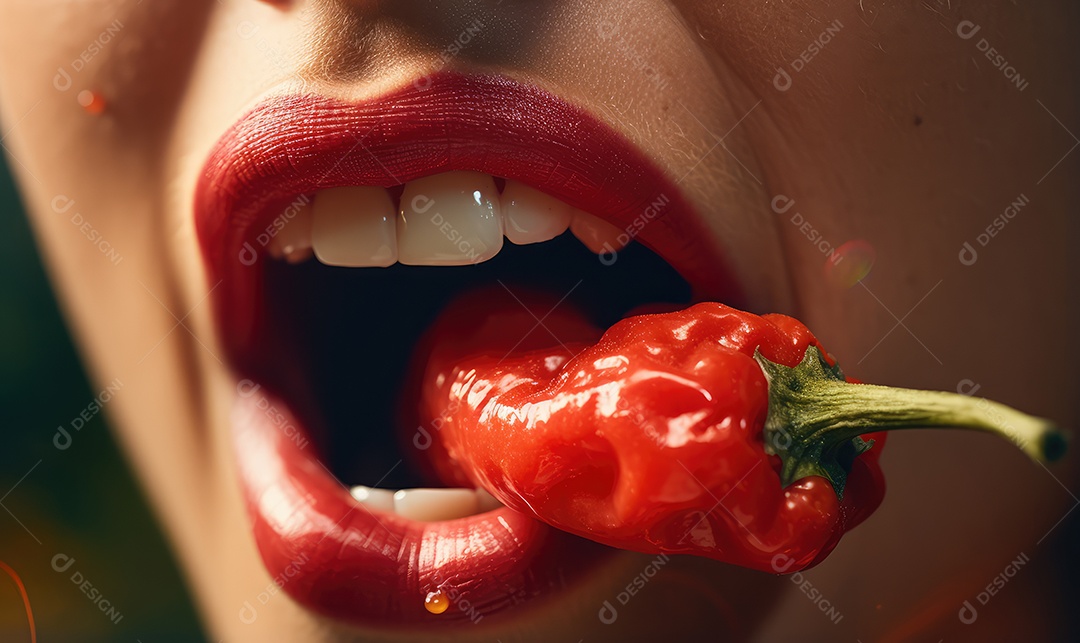 Linda boca feminina em close com batom vermelho comendo pimenta vermelha, maquiagem profissional