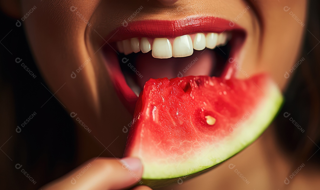 Linda boca feminina em close com batom vermelho comendo uma melancia, maquiagem profissional