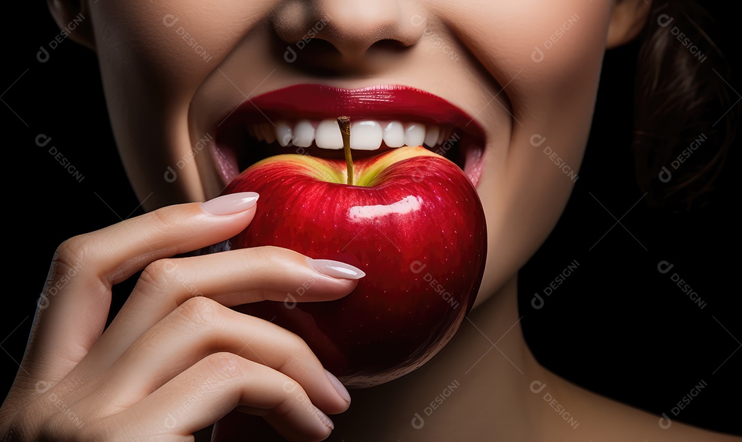 Linda boca feminina em close com batom vermelho comendo uma maçã, maquiagem profissional