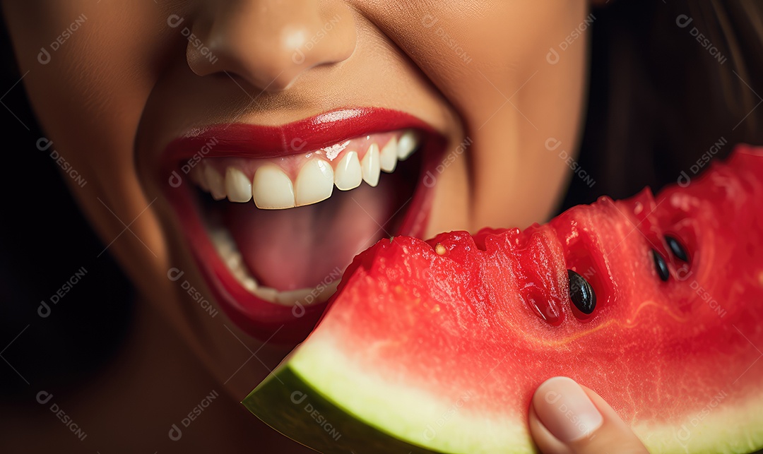 Linda boca feminina em close com batom vermelho comendo uma melancia, maquiagem profissional