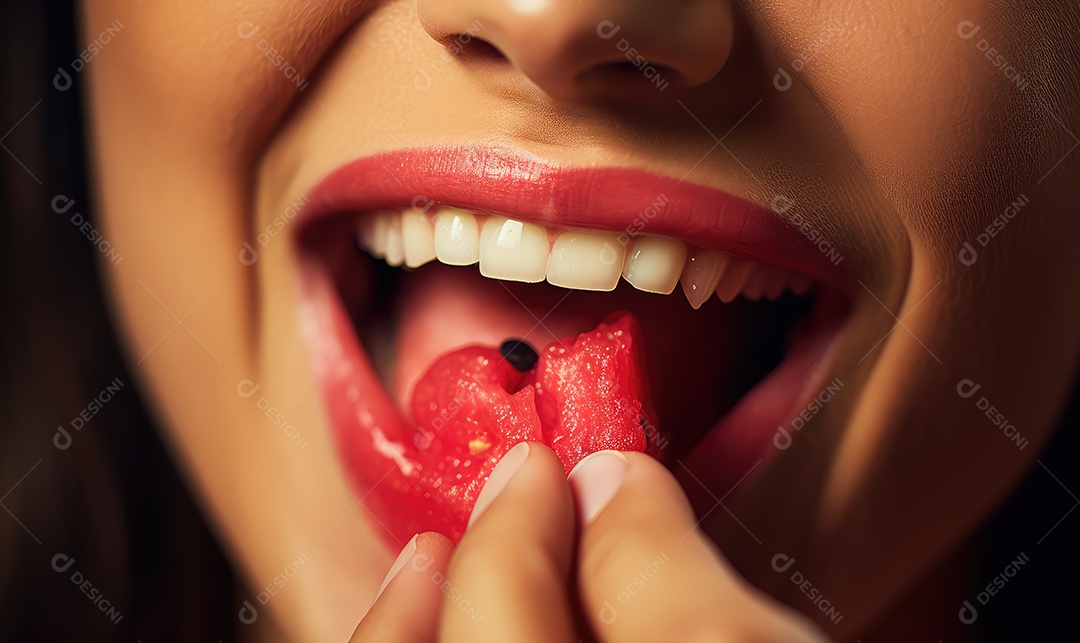 Linda boca feminina em close com batom vermelho comendo uma melancia, maquiagem profissional
