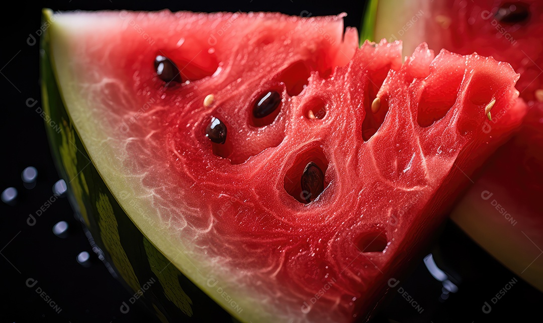 Linda boca feminina em close com batom vermelho comendo uma melancia, maquiagem profissional