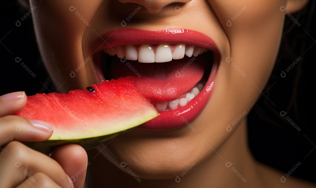 Linda boca feminina em close com batom vermelho comendo uma melancia, maquiagem profissional