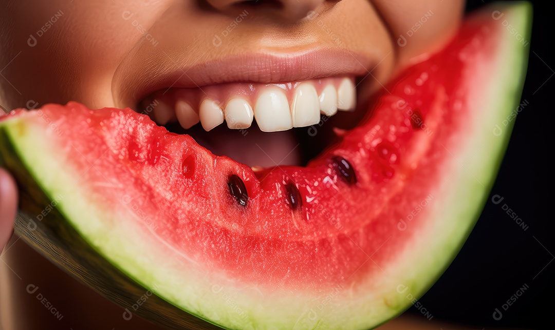 Linda boca feminina em close com batom vermelho comendo uma melancia, maquiagem profissional