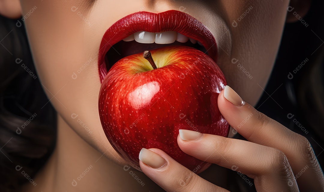 Linda boca feminina em close com batom vermelho comendo uma maçã, maquiagem profissional
