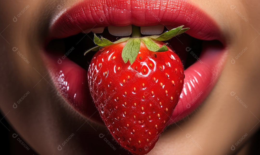 Linda boca feminina em close com batom vermelho comendo um morango, maquiagem profissional