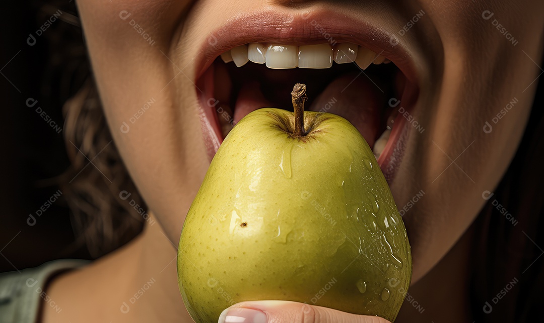 Linda boca feminina em close com batom comendo uma deliciosa pêra, maquiagem profissional