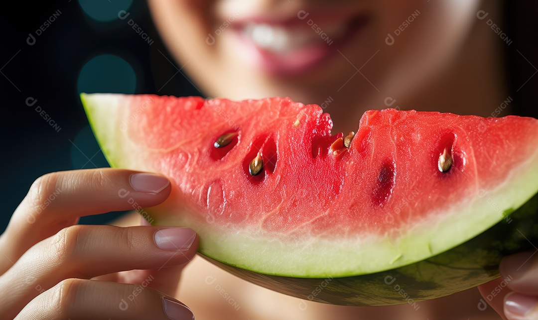 Linda boca feminina em close com batom vermelho comendo uma melancia, maquiagem profissional