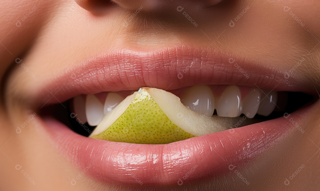 Linda boca feminina em close com batom comendo uma deliciosa pêra, maquiagem profissional