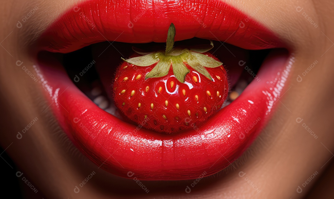 Linda boca feminina em close com batom vermelho, maquiagem profissional