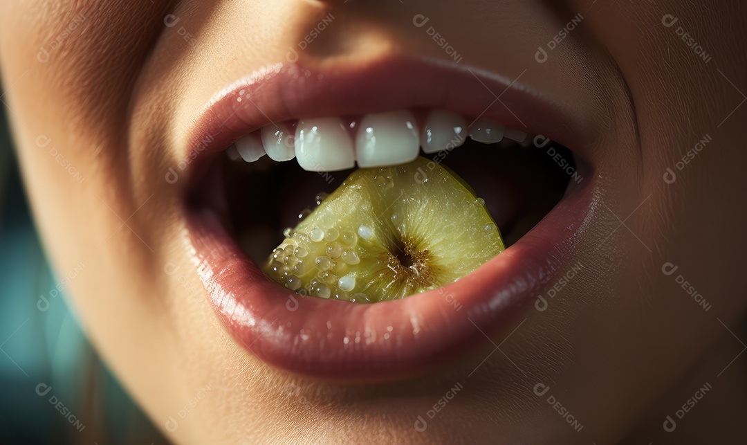 Linda boca feminina em close com batom vermelho, maquiagem profissional