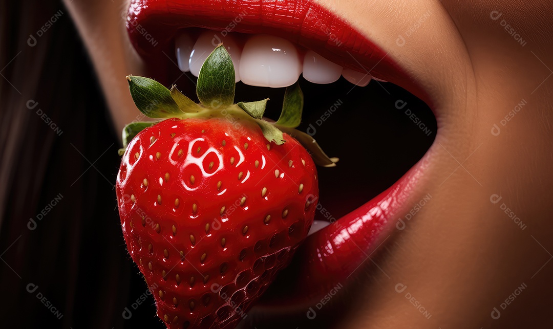 Linda boca feminina em close com batom vermelho, maquiagem profissional