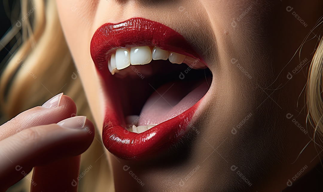 Linda boca feminina em close com batom vermelho, maquiagem profissional