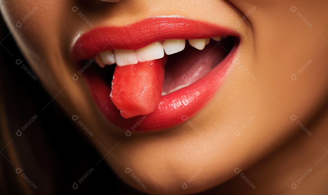 Linda boca feminina em close com batom vermelho, maquiagem profissional