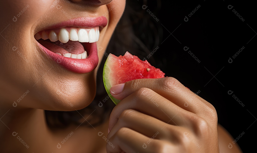 Linda boca feminina em close com batom vermelho, maquiagem profissional