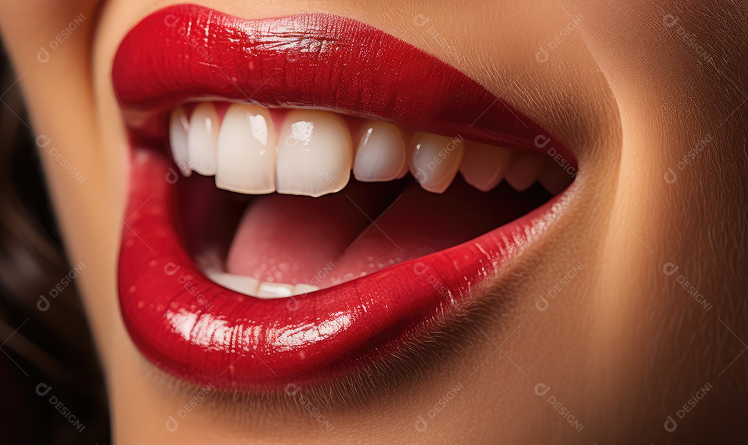 Linda boca feminina em close com batom vermelho, maquiagem profissional
