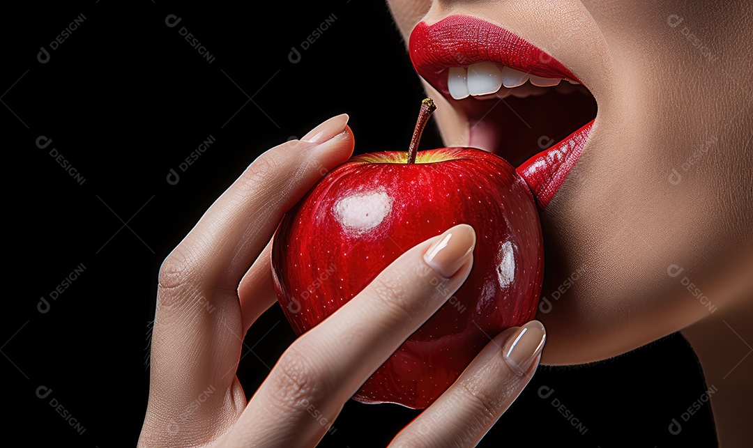 Linda boca feminina em close com batom vermelho, maquiagem profissional