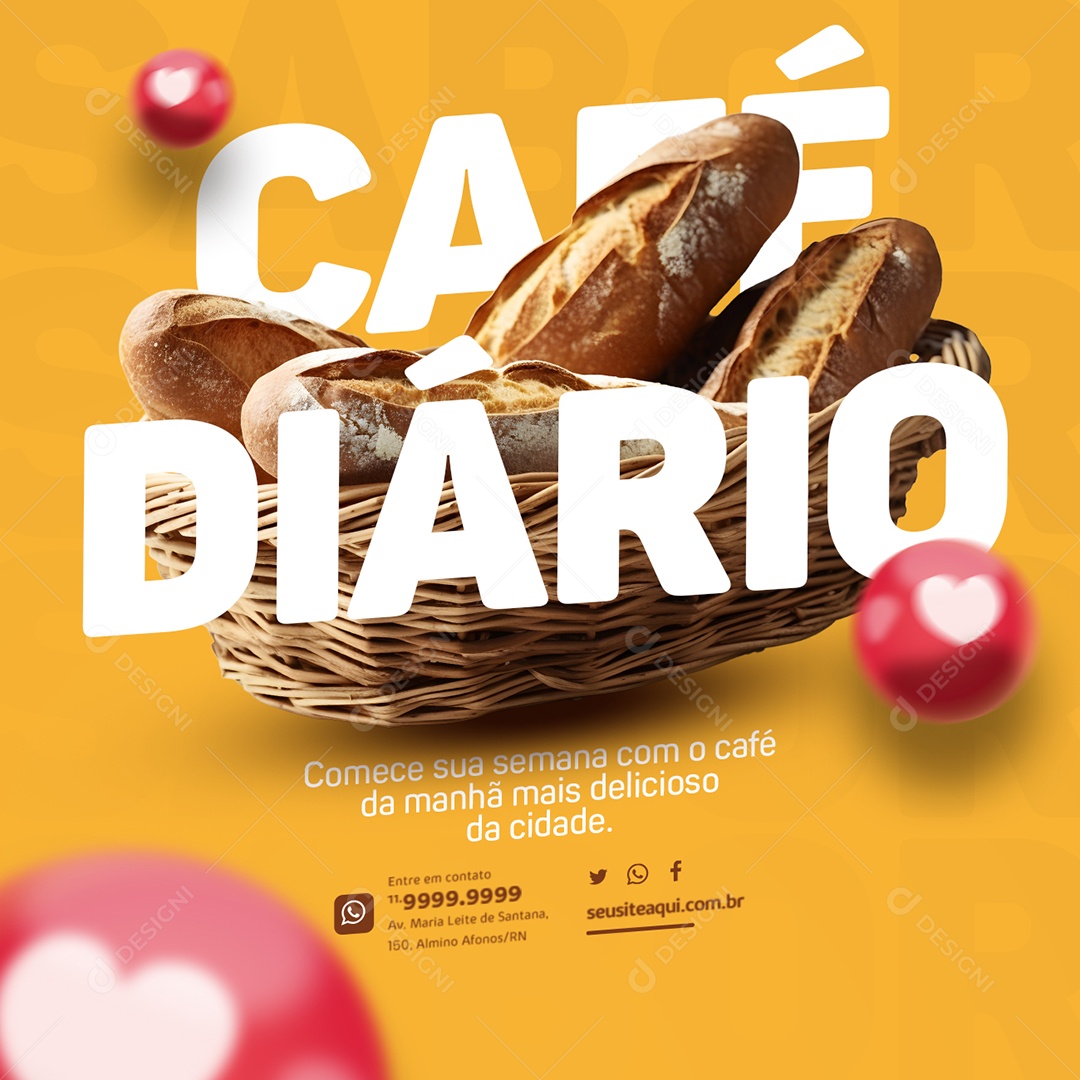 Cafeteria Café Diário Pães Café da Manhã mais Delicioso da Cidade Social Media PSD Editável