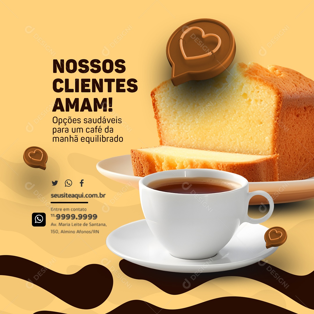 Cafeteria Café da Manhã Nossos Clientes Amam Xícara de Café e Mangulão de Queijo Bolo de Queijo Social Media PSD Editável