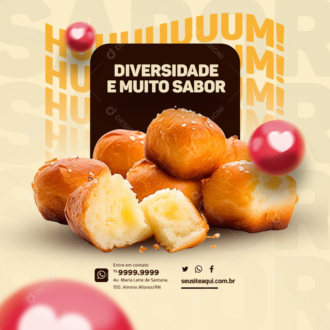 Cafeteria Café da Manhã Diversidade e Muito Sabor Pão de Queijo Social Media PSD Editável