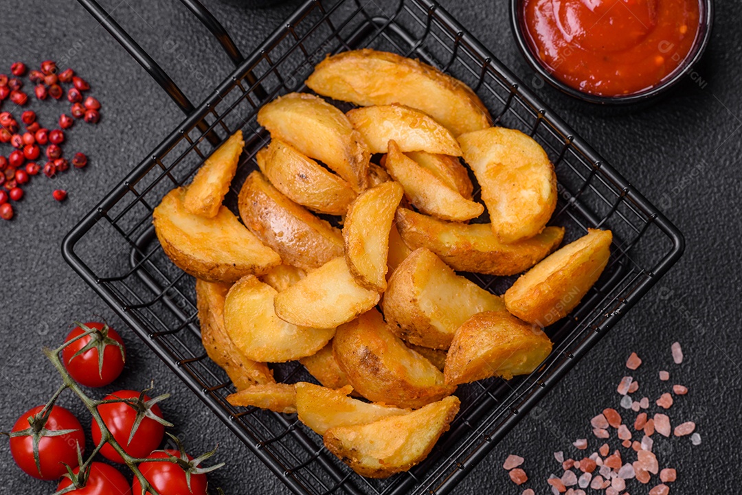 Deliciosas fatias de batata frita crocante com sal, especiarias e ervas sobre um fundo escuro de concreto