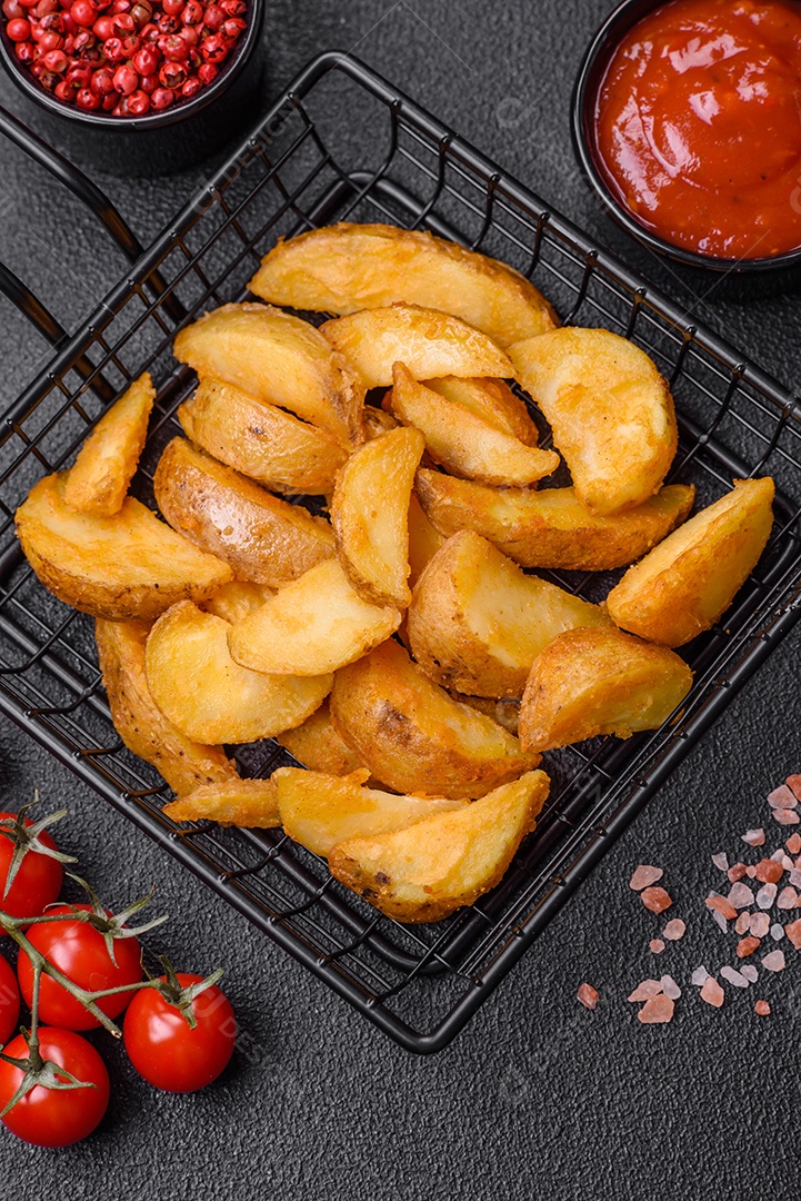 Deliciosas fatias de batata frita crocante com sal, especiarias e ervas sobre um fundo escuro de concreto