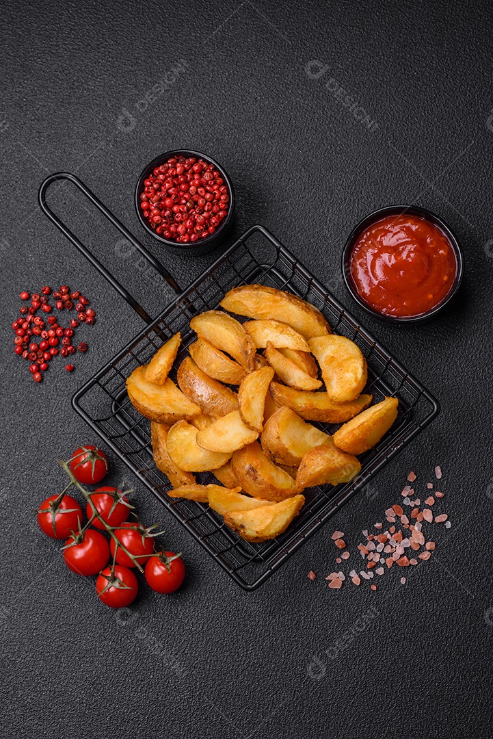 Deliciosas fatias de batata frita crocante com sal, especiarias e ervas sobre um fundo escuro de concreto