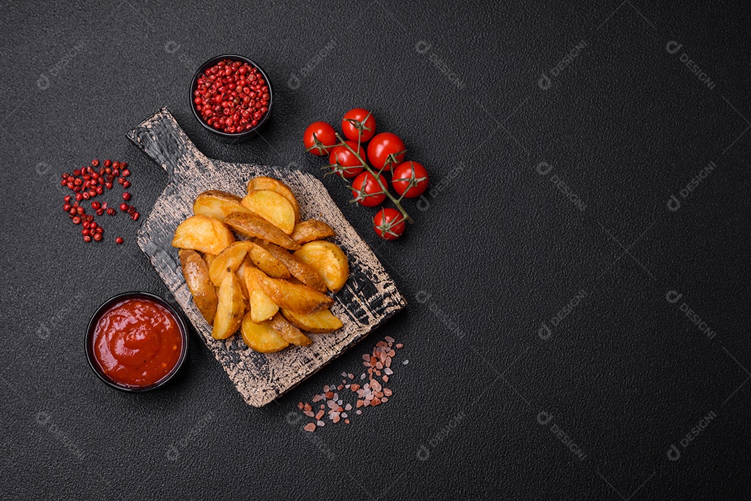 Deliciosas fatias de batata frita crocante com sal, especiarias e ervas sobre um fundo escuro de concreto