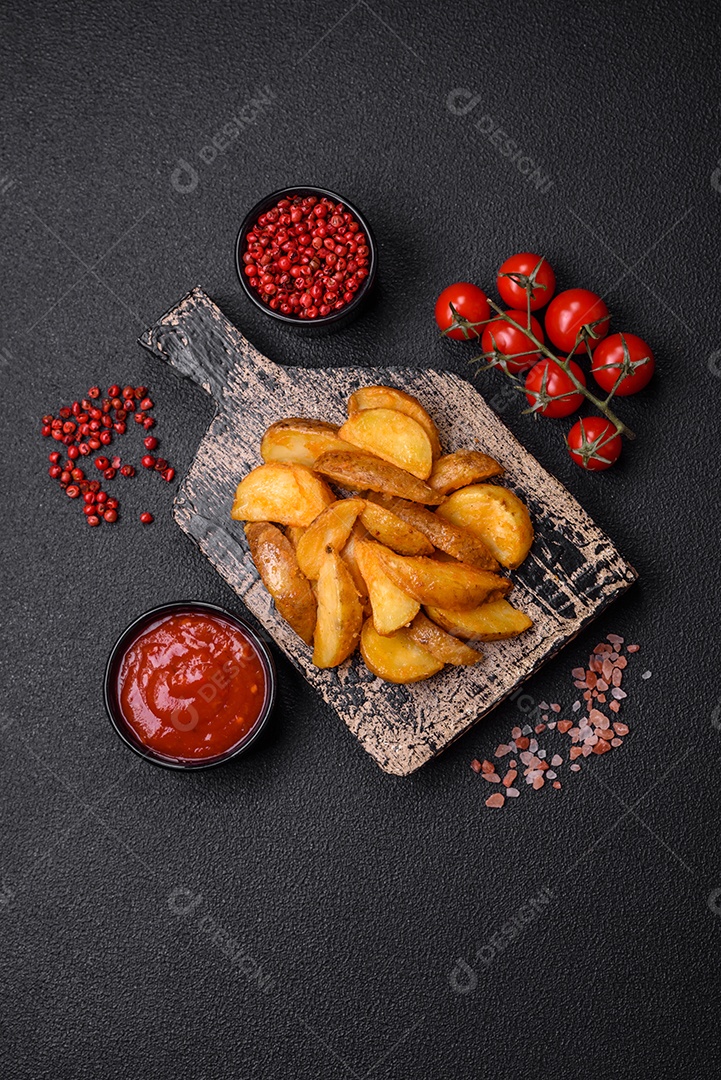 Deliciosas fatias de batata frita crocante com sal, especiarias e ervas sobre um fundo escuro de concreto