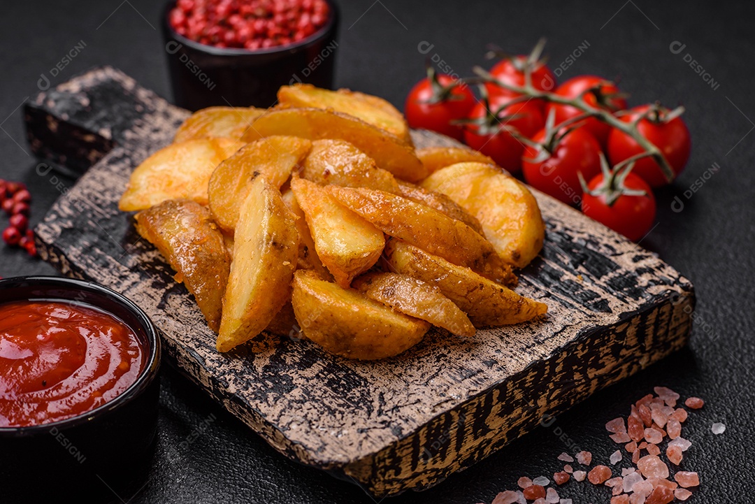 Deliciosas fatias de batata frita crocante com sal, especiarias e ervas sobre um fundo escuro de concreto