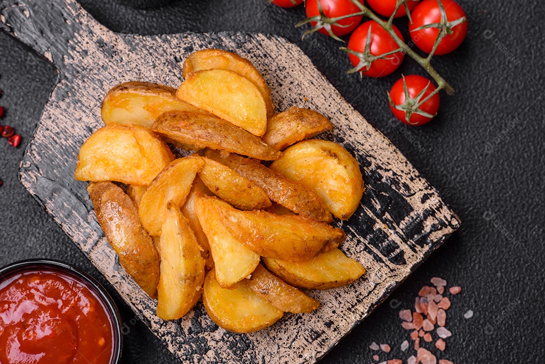 Deliciosas fatias de batata frita crocante com sal, especiarias e ervas sobre um fundo escuro de concreto