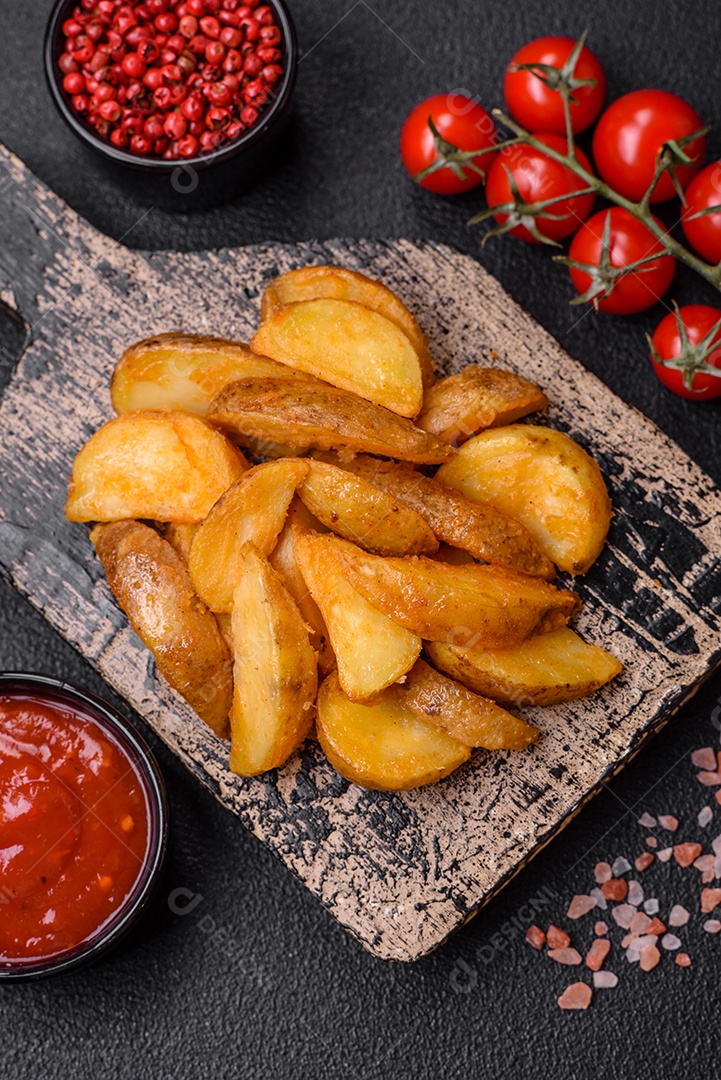 Deliciosas fatias de batata frita crocante com sal, especiarias e ervas sobre um fundo escuro de concreto