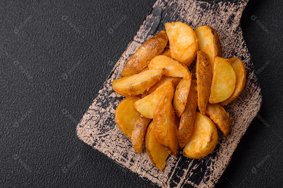 Deliciosas fatias de batata frita crocante com sal, especiarias e ervas sobre um fundo escuro de concreto