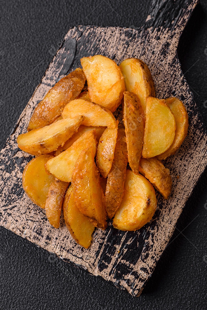 Deliciosas fatias de batata frita crocante com sal, especiarias e ervas sobre um fundo escuro de concreto