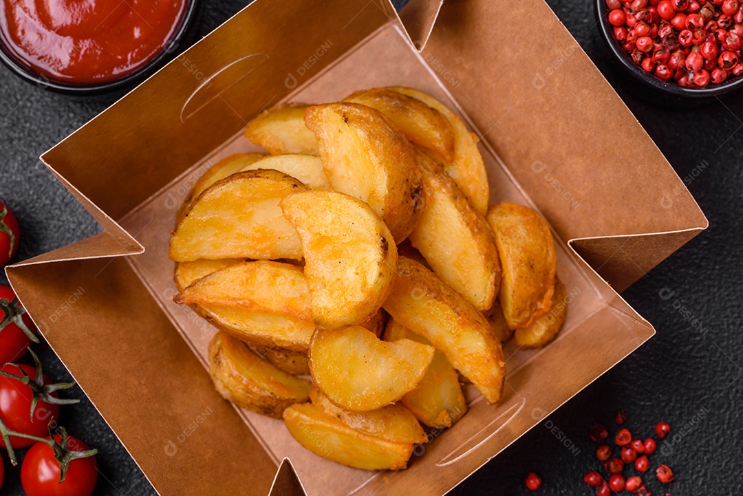 Deliciosas fatias de batata frita crocante com sal