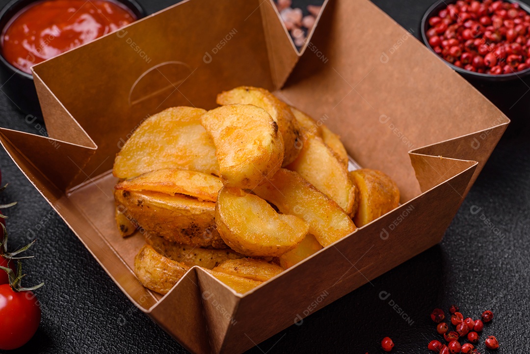 Deliciosas fatias de batata frita crocante com sal