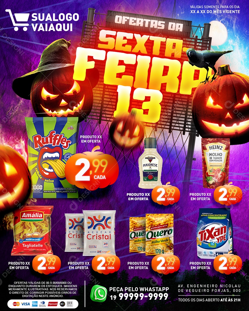 Tabloide Halloween Ofertas Da Sexta Feira 13 Batata Ruffles Maionese Molho de Tomate Macarrão Açúcar Social Media PSD Editável