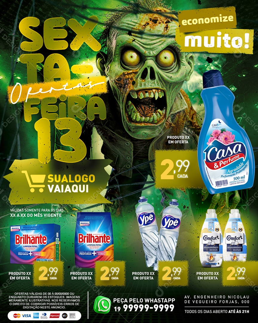 Tabloide Halloween Sexta Feira 13 Ofertas Economize Muito Produtos Limpeza Supermercado Social Media PSD Editável