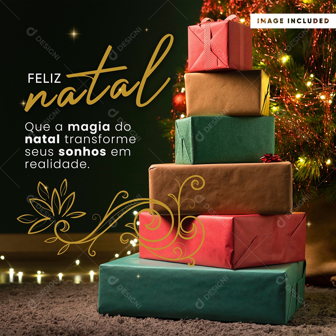 Feliz Natal Que a Magia do Natal Transforme seus Sonhos em Realidade Cartão Natalino Social Media PSD Editável