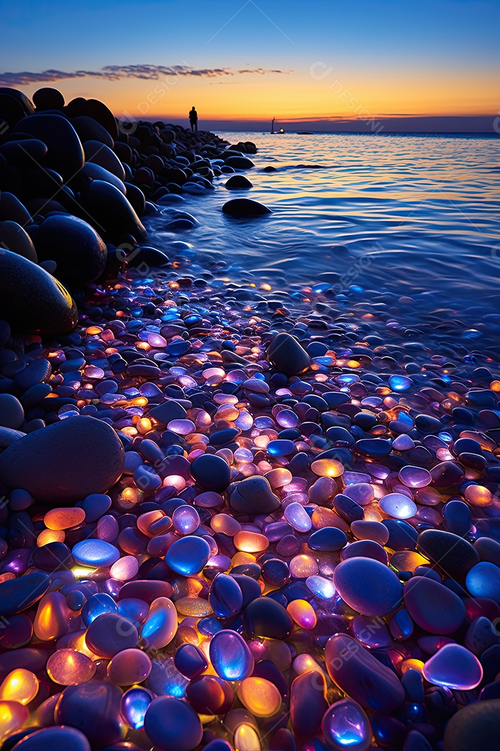 A praia é feita de pedras e seixos coloridos cenários luminosos e oníricos