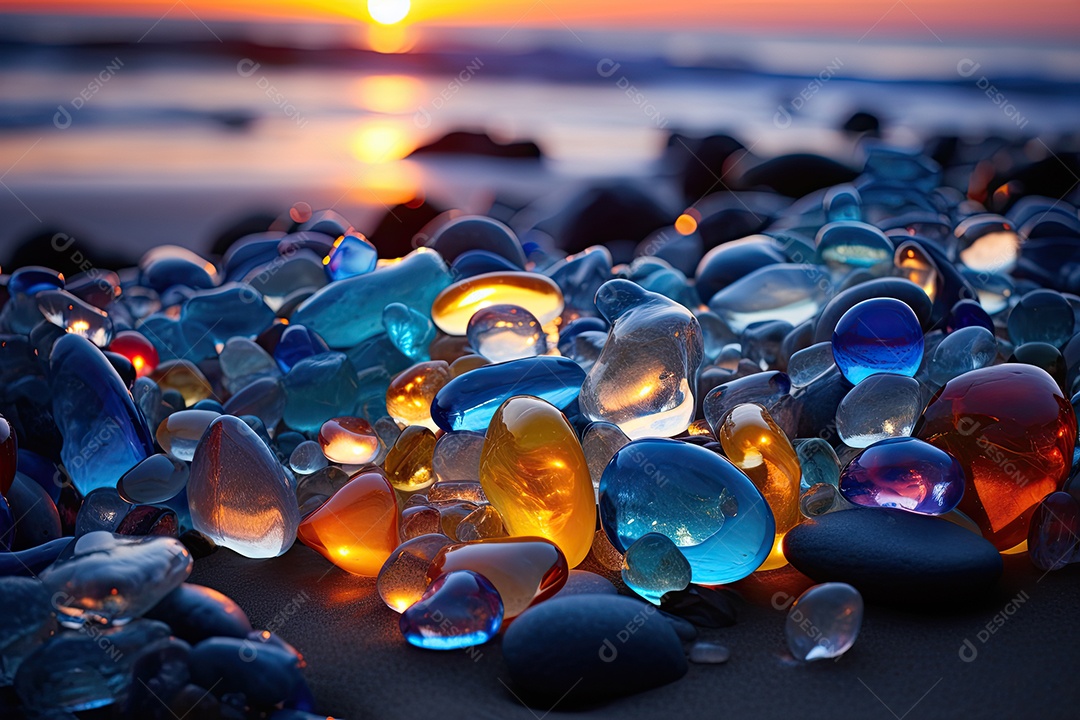 A praia é feita de pedras e seixos coloridos cenários luminosos e oníricos